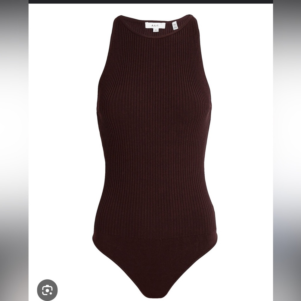 ALC Ashley Rib Knit High Neck Bodysuit Dark Brown